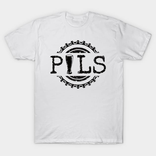 Pils (Pilsner) Word and Beer Bottle Cap (black) T-Shirt by dkdesigns27